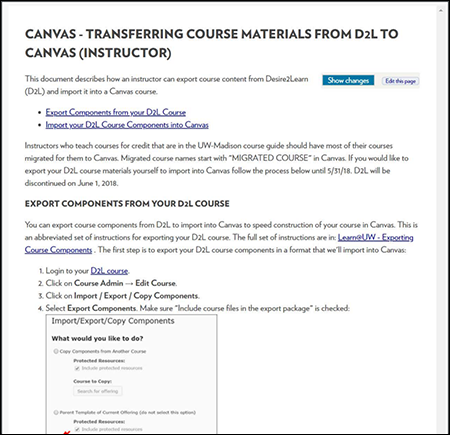 A screeenshot showing a mini preview of the support document "Transferring course materials from D2L to Canvas"