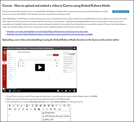 A small screenshot of the document "How to upload and embed a video using Embed Kaltura Media"